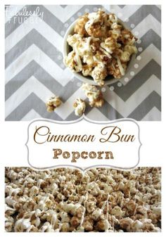 cinnamon bun popcorn in a white bowl on top of a chevron table cloth with the title above it