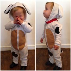 two pictures of a toddler wearing a dog costume and covering his eyes with his hands