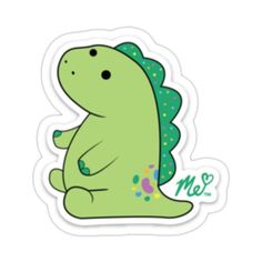 a green dinosaur sticker sitting on top of a white surface with the words ms and m