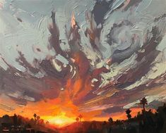 an oil painting of a sunset with clouds in the sky