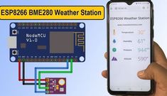 a hand holding up a cell phone with an electronic device attached to it and the text esp866 bme2002 weather station