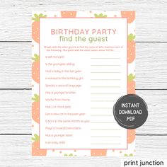 printable birthday party game for kids with an orange and green design on the front