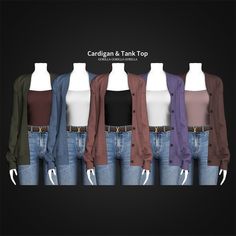 five mannequins with different colored tops and jeans on display in front of a black background