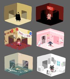 an animated set of four different rooms with people and animals in the same room,