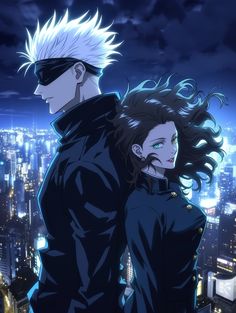 two people standing in front of a cityscape at night with their hair blowing in the wind