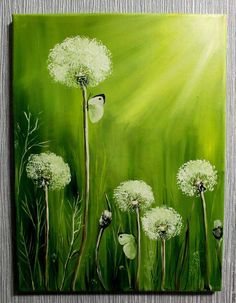 a painting of dandelions and butterflies on a green background