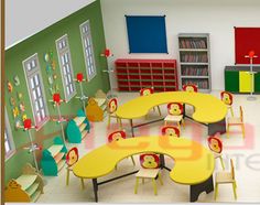 a classroom with tables, chairs and bookshelves filled with children's toys