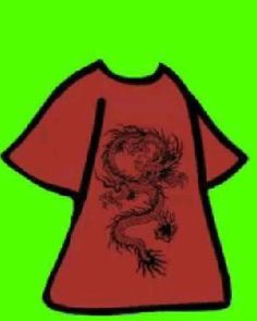 a drawing of a dragon on a red shirt with green back ground and black outline