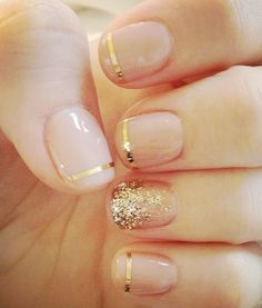 Nude nails with gold tips and an accent nail. Nail Art Noel, Wedding Manicure, Gold Glitter Nails, Easy Nails, Her Nails, Bohol, Short Nail Designs, Rocker Chic, Orange Nails