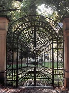 an iron gate in the middle of a park