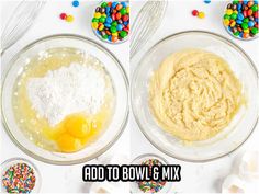 two bowls filled with batter, eggs and sprinkles