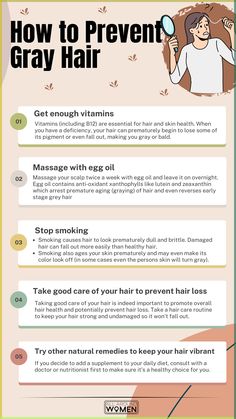 Gray hair is a natural part of the aging process and is primarily determined by genetics. However, there are some measures you can take to potentially slow down or delay the graying process. Here are a few tips to help prevent gray hair: Preventing Grey Hair, Gray Hair Natural Remedy, How To Prevent Gray Hair, How To Prevent Greying Of Hair, Gray Hair Prevention, Prevent Grey Hair Naturally, How To Prevent Grey Hair Naturally, How To Stop Greying Hair Naturally, Hiding Gray Hair