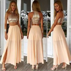 Sexy Two-Piece Halter Sequined 2019 Prom Dress Zipper Chiffon Front Split sold by lovedress. Shop more products from lovedress on Storenvy, the home of independent small businesses all over the world. Crop Top Elegante, Two Piece Prom Dress, Tea Length Prom Dress, Two Piece Prom, High Neck Prom Dress, 2 Piece Prom Dress, Prom Dresses Two Piece, Piece Prom Dress, Dress Chiffon