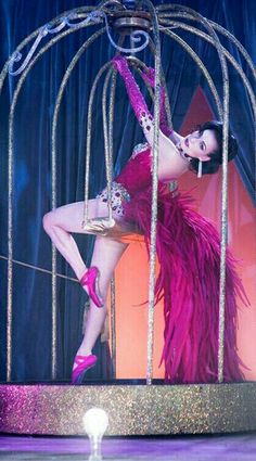 a woman in a pink dress is standing on a stage with a birdcage