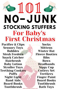 Image of 101 no junk stocking stuffers for baby's first Christmas. In the background there is a read stocking with a reindeer sewed on it, hanging from a mistletoe. In the foreground, there is a list of multiple useful stocking stuffer ideas.