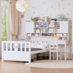 a room with a bed, desk and shelves