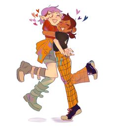 two people are hugging each other while they're dressed in plaid pants and knee high boots