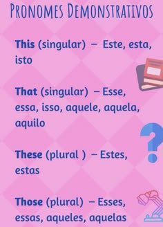 a pink poster with the words pronomes demonstrativs in spanish