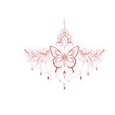 a red and white drawing of a butterfly with leaves on it's back side