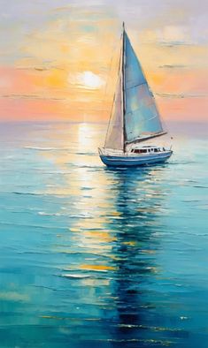 a painting of a sailboat in the ocean at sunset