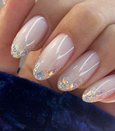 Earadesent Nails, Iridescent Flakes Nails, Nude Irredescent Nails, Irredescent Nails White, Formal Event Nails, Glitter Baby Boomer Nails, Oval Dip Nails, Opal Nail Designs, Mother Of Pearl Nails