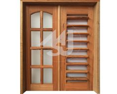 an open wooden door with glass panels and wood slats on the outside, in front of a white background