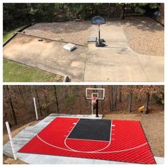 two pictures of an outdoor basketball court in the middle of a yard with a basketball net on it