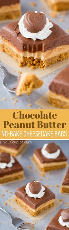 no bake cheesecake bars with chocolate frosting on top