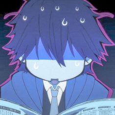 an anime character is reading a book in front of the camera and looking at it