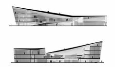 two black and white architectural drawings of a building