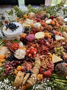 a platter filled with lots of different types of cheeses and fruits on top of it