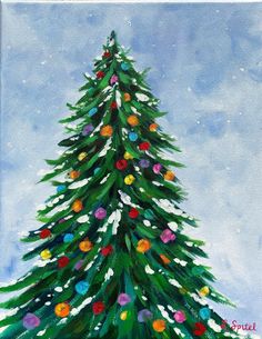 a painting of a christmas tree with ornaments on it