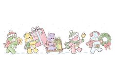 a group of teddy bears pulling a sleigh with gifts on it's back