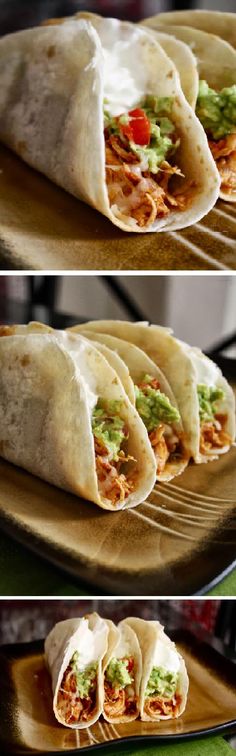 three different views of some tacos on a tray