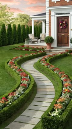 a house with a large garden in the front yard and steps leading up to it