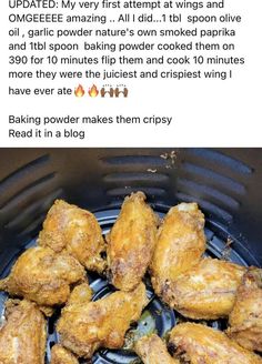 an image of chicken wings in the air fryer with instructions to make them crispy