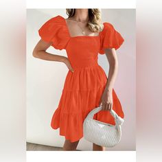 Nwt Color: Orange Product Details Fabric Type One Hundred Percent Rayon Care Instructions Machine Wash Origin Imported Closure Type Pull On About This Item S=Us 4-6,M=Us 8-10,L=Us 12-14,Xl=Us 16-18. Tips: For A Better Dress Experience, Suggest To Iron In Low Before Wearing! Features: Tunic Mini Dress Features Smocked Bodice, Elastic High Waist, Short Puff Sleeve, Solid Color, Flowy A Line Shape, Swing Mini Length, Square Neck Design, The Sleeves Can Be Pulled Down For A Sexy Off Shoulder Look. S Red Puff Sleeve Dress For Summer Brunch, Summer Puff Sleeve Square Neck Dress In Solid Color, Summer Midi-length Puff Sleeve Dress In Solid Color, Casual Orange Puff Sleeve Dress, Summer Orange Puff Sleeve Mini Dress, Solid Color Knee-length Puff Sleeve Dress For Day Out, Solid Mini Dress With Puff Sleeves For Vacation, Red Casual Puff Sleeve Dress For Summer, Fitted Red Puff Sleeve Casual Dress