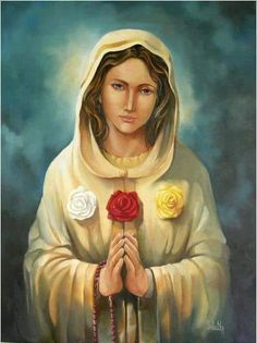 a painting of the virgin mary holding roses