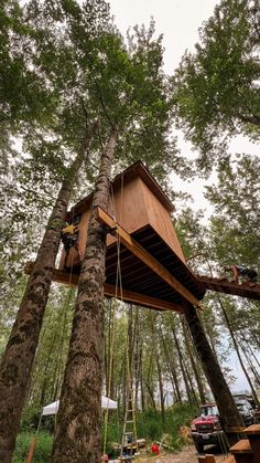 a tree house built into the side of a tall tree in the woods with people working on it