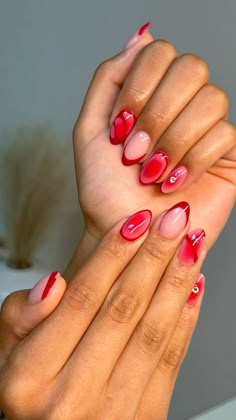 #nailsofinstagram #naildesign Gel Nail Inspo Valentines, Nail Ideas With Just Nail Polish, Pink And Red Nail Inspiration, Nail Designs Each Nail Different, Red Mix And Match Nails, Valentines Red And Pink Nails, Bright February Nails, Nude And Red Valentines Nails, Red Nail Inspo Valentines