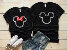 two shirts with mickey and minnie mouse heads on them