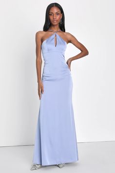 Celebrate a special day in an even more special way with the luxe look of the Lulus Lustrous Love Dusty Blue Satin Halter Cutout Mermaid Maxi Dress! Sleek woven satin shapes this simply breathtaking dress that features a princess-seamed bodice with a sexy keyhole cutout at the center and slender adjustable straps that create a modified halter neckline. The high, fitted waist tops a figure-flaunting, mermaid-style skirt that falls to a sweeping maxi hem. Turn around to reveal a flirty open-back d Elegant Satin Mermaid Dress For Formal Occasions, Elegant Satin Mermaid Dress For Formal Events, Formal Satin Mermaid Dress For Prom Season, Elegant Backless Satin Mermaid Dress, Backless Satin Mermaid Dress For Evening, Elegant Blue Satin Dress For Prom, Elegant Satin Mermaid Bridesmaid Dress, Elegant Satin Mermaid Dress For Prom Season, Formal Satin Dress With Mermaid Hem