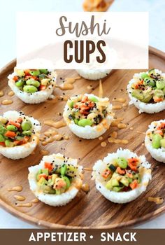 sushi cups are an appetizer - snack that is made with rice and vegetables