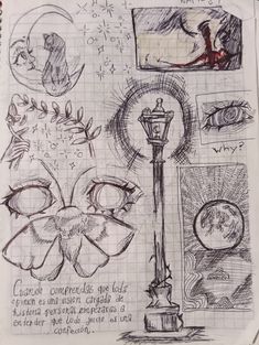 a sketched page with various things on it, including a lamppost and flowers