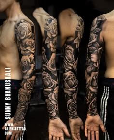 three men with tattoos on their arms and hands