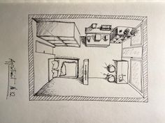 a drawing of a kitchen and living room