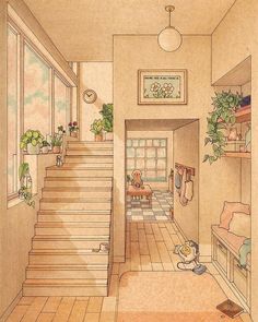 a drawing of a hallway with stairs leading up to the second floor and potted plants