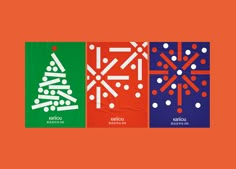 three different christmas cards on an orange background with snowflakes and dots in the middle