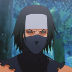 an anime character with black hair and red eyes wearing a mask in front of trees