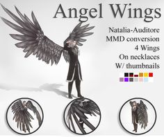 an angel with three wings and four different color options for each wing, including black